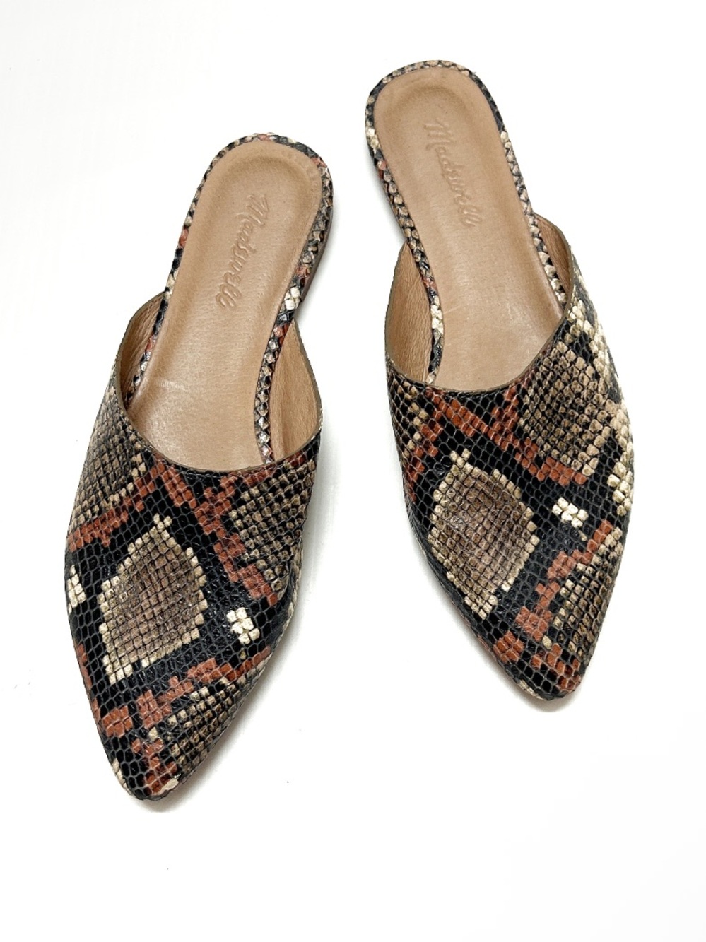 Madewell leather embossed snake print pointed toe slip on Remi mules Size 8